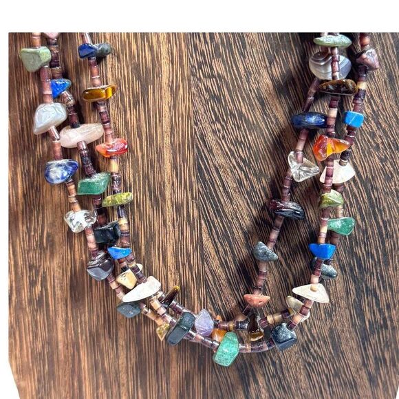 Navajo Heishi Bead Multi Gemstone Beaded Necklace Signed Triple Strand Vtg 27" - Picture 2 of 7
